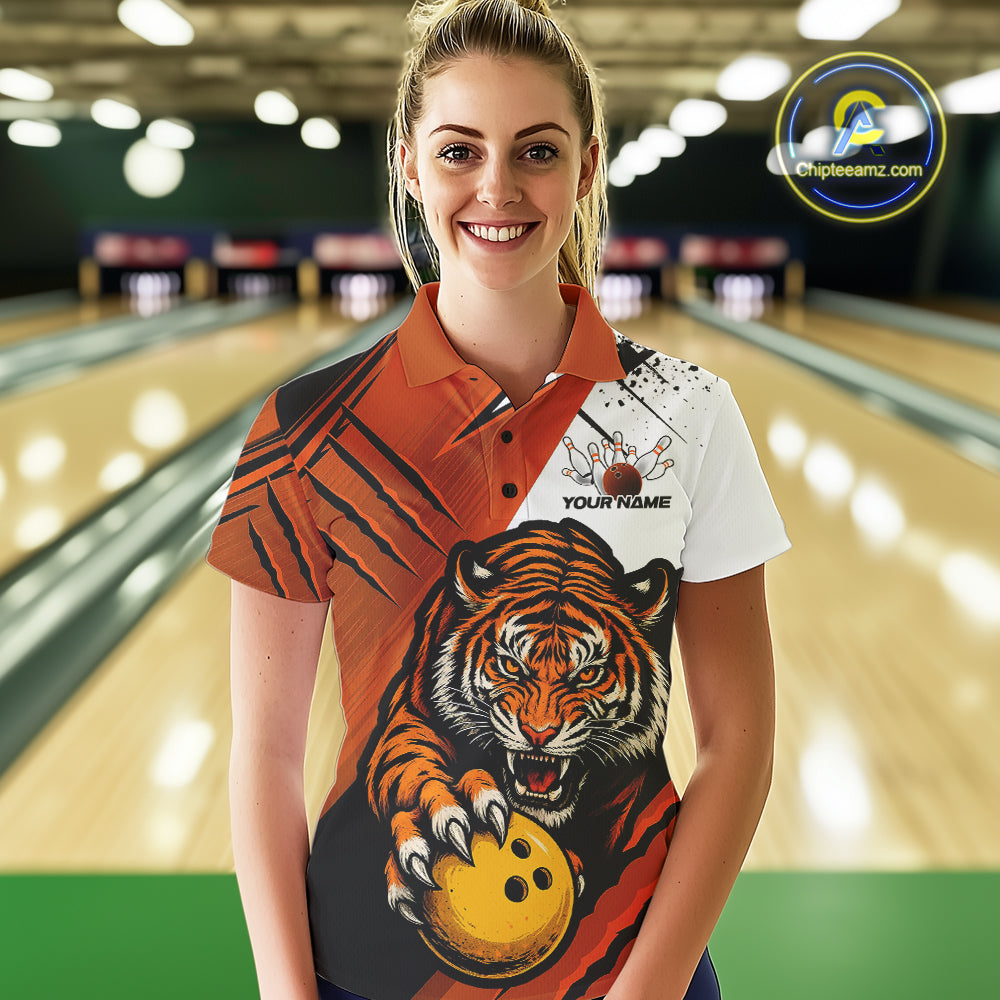 Custom Tiger Bowling Team Polo Shirts For Women, Tiger Claw Bowling Jerseys IPHW9026