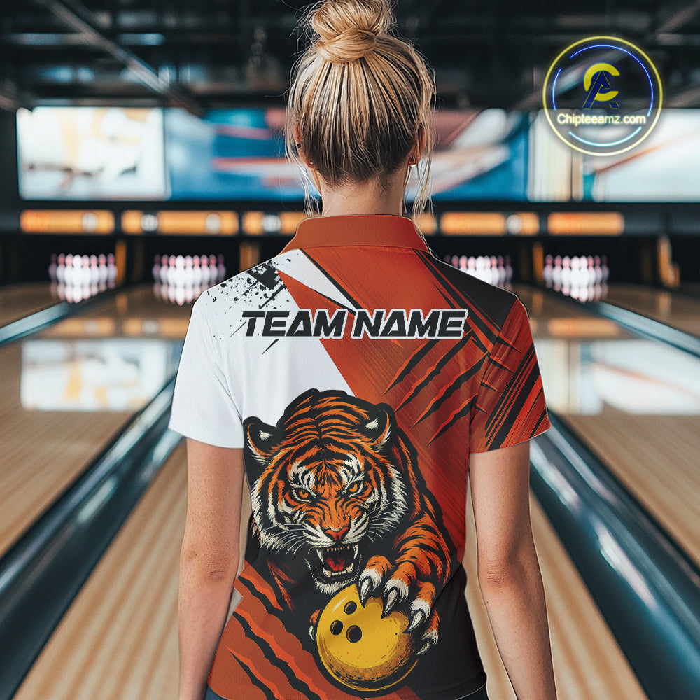 Custom Tiger Bowling Team Polo Shirts For Women, Tiger Claw Bowling Jerseys IPHW9026