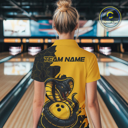 Custom Black And Yellow Cobra Snake Bowling Women Polo Shirt Team Uniform Bowling Pattern IPHW9030