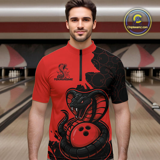 Custom Black And Red Cobra Snake Bowling Men Quarter-Zip Shirts Team Uniform Bowling Pattern IPHW9032