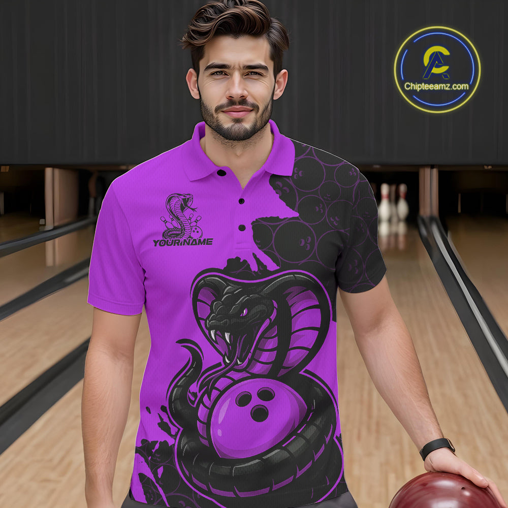 Custom Black And Purple Cobra Snake Bowling Men Polo Shirts Team Uniform Bowling Pattern IPHW9033