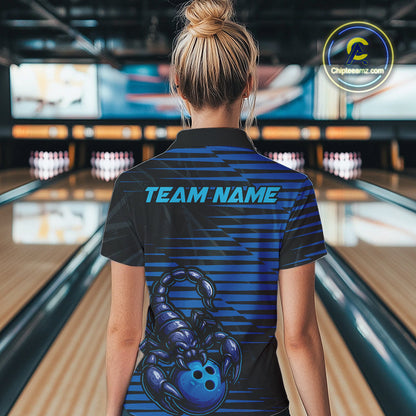 Custom Black And Blue Scorpion Bowling Team Polo Shirts For Women, Bowling League Shirt IPHW9034