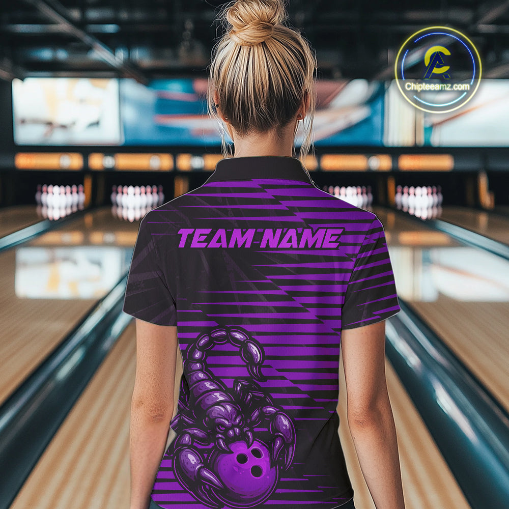 Custom Black And Purple Scorpion Bowling Women Quarter-Zip Shirt, Bowling League Shirt IPHW9035