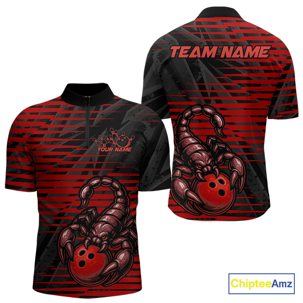 Custom Black And Red Scorpion Bowling Team Quarter-Zip Shirts For Men, Bowling League Shirt IPHW9036