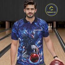 Load image into Gallery viewer, Front view male model in a bowling lane wearing a bowling polo shirt with eagle artwork, bowling ball, flowing flag accents, and pins.