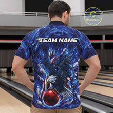 Load image into Gallery viewer, Male model front view in a bowling lane wearing a quarter zip shirt with eagle artwork, bowling ball, flowing flag elements, and pins.