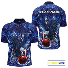 Load image into Gallery viewer, Men’s bowling quarter zip shirt mockup shown front and back with eagle artwork positioned around a bowling ball, flag elements, and pins.