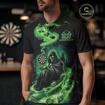 Custom Green Flame Grim Reaper Dart Men Polo Shirts, Dart Team Halloween Outfits IPHW9980
