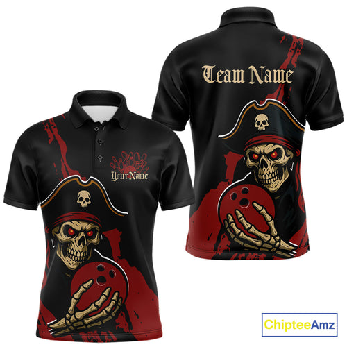 Custom Black And Red Pirate Bowling Men Polo Shirts, Bowling Team Bowling League Shirt IPHW9048