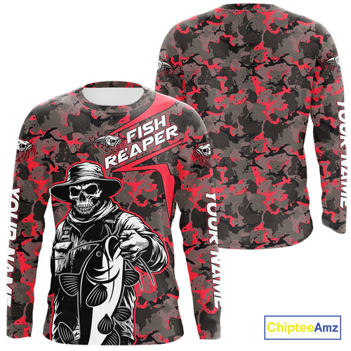Custom Red Camouflage Catfish Fish Reaper Long Sleeve Tournament Fishing Shirts IPHW9296