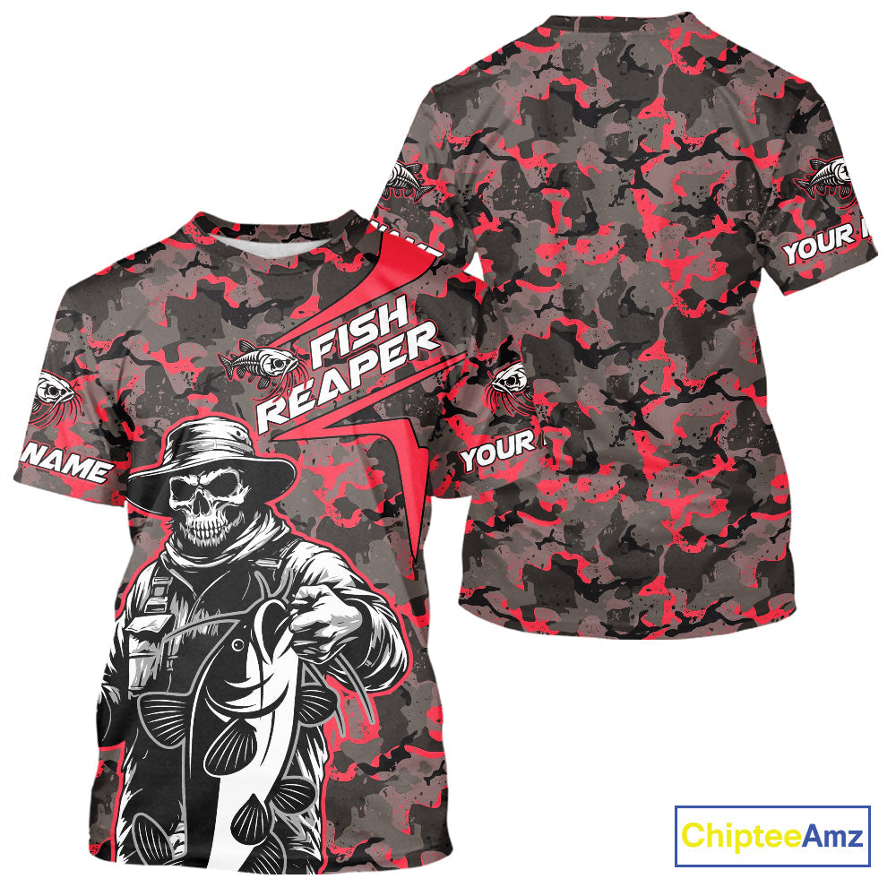 Custom Red Camouflage Catfish Fish Reaper Tournament Fishing T-Shirts IPHW9296