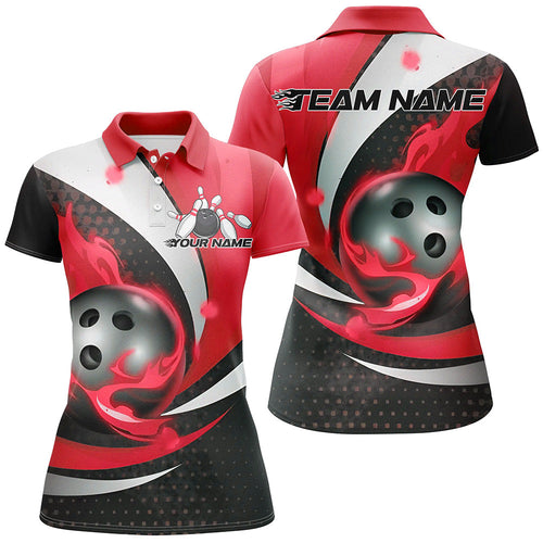 Black And Red Flame Custom Bowling Shirts For Women, Bowling League Shirts Bowler Outfits IPHW7668