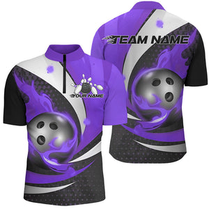 Black And Purple Flame Custom Bowling Shirts For Men, Bowling League Shirts Bowler Outfits IPHW7669