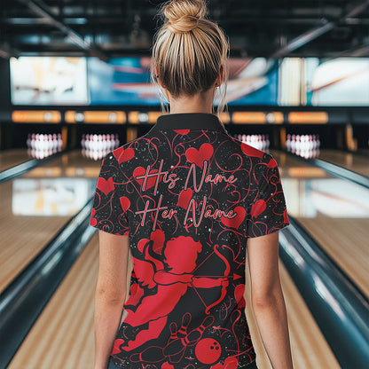 Black And Red Custom Valentines Day Bowling Polo Shirts For Women, Bowling Couple Shirt IPHW8329