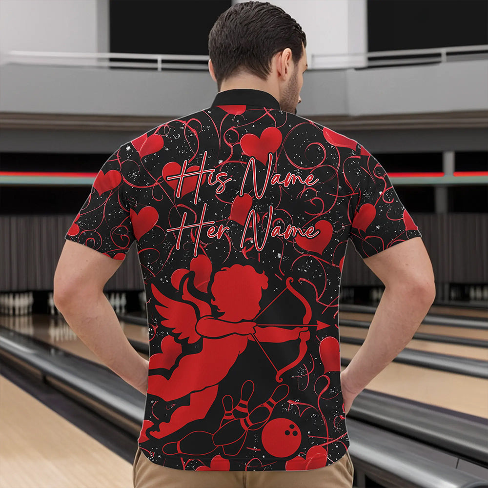 Black And Red Custom Valentines Day Bowling Quarter-Zip Shirts For Men, Bowling Couple Shirt IPHW8329