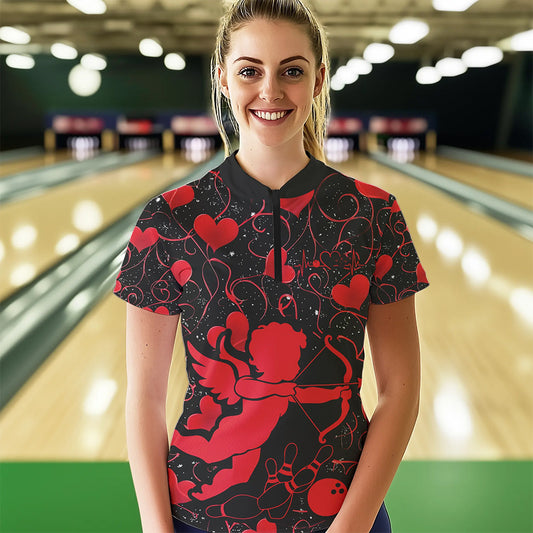 Black And Red Custom Valentines Day Womens Bowling Quarter-Zip Shirts, Bowling Couple Shirt IPHW8329