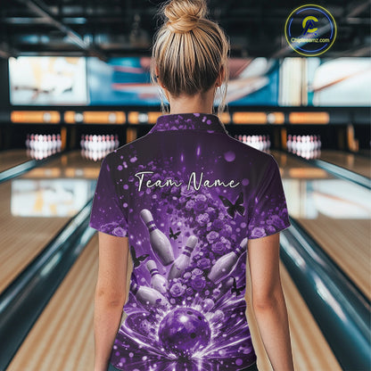 Custom Purple Roses And Butterfly Women Bowling Shirt, Flower Ladies Bowling Jerseys IPHW10895