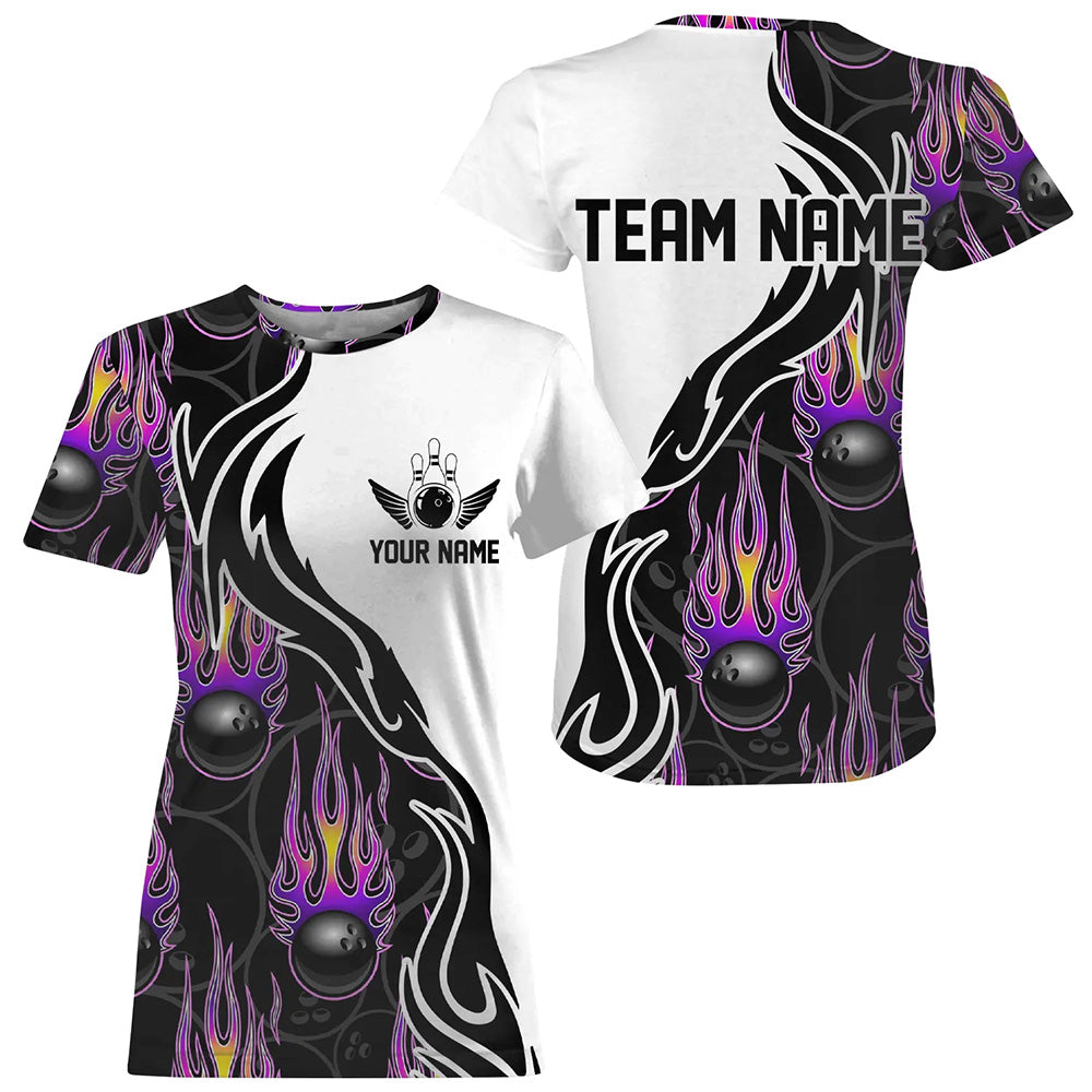 Custom Purple Flame Bowling T-Shirts For Women, Personalized Bowling Team Jerseys IPHW4598
