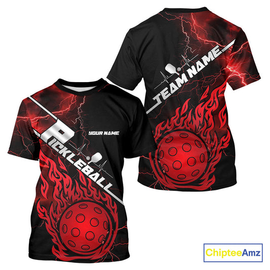 Custom Black And Red Thunder Lightning Flame Pcikleball T-Shirts Team For Men IPHW9304