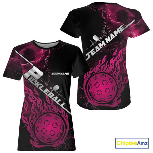 Custom Black And Pink Thunder Lightning Flame Pcikleball T-Shirts Team For Women IPHW9306