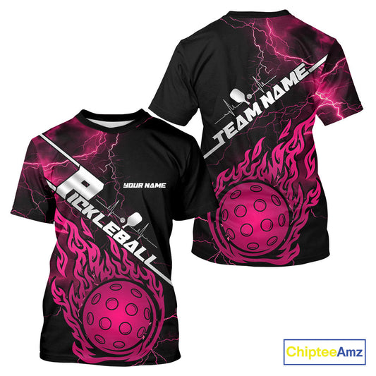 Custom Black And Pink Thunder Lightning Flame Pcikleball T-Shirts Team For Men IPHW9306