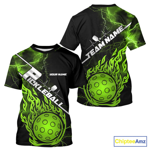 Custom Black And Green Thunder Lightning Flame Pcikleball T-Shirts Team For Men IPHW9307