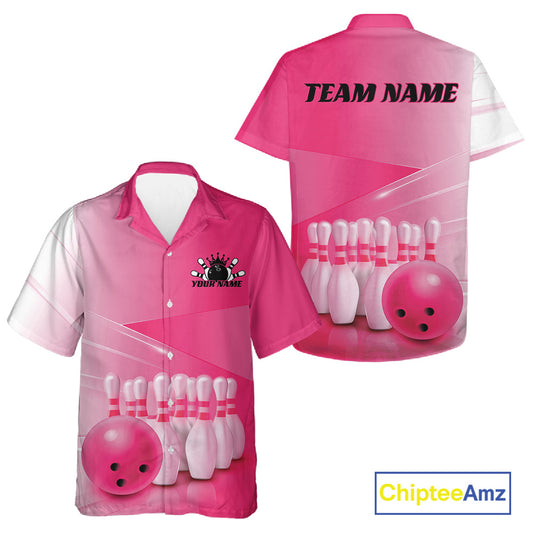 Front and back button up bowling shirt mockup with bowling ball and pins arranged within a pink gradient layout.