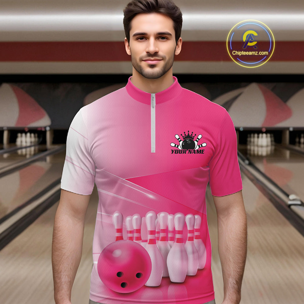 Front view of a male model in a bowling lane wearing a quarter zip shirt with bowling ball and pins arranged within a pink gradient layout.