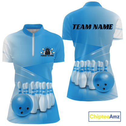 Front and back women’s bowling quarter zip mockup with bowling ball and pins motif arranged within a pink gradient layout.