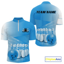 Load image into Gallery viewer, Front and back men’s bowling quarter zip shirt mockup featuring bowling ball and pins arranged within a pink gradient layout.