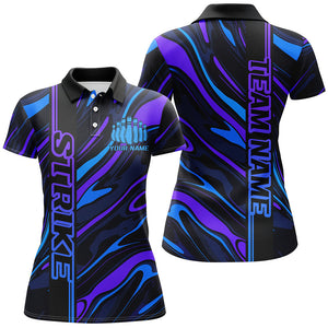 Blue And Purple Custom Strike Bowling Shirts For Women, Striking Bowling Team Uniform IPHW7682