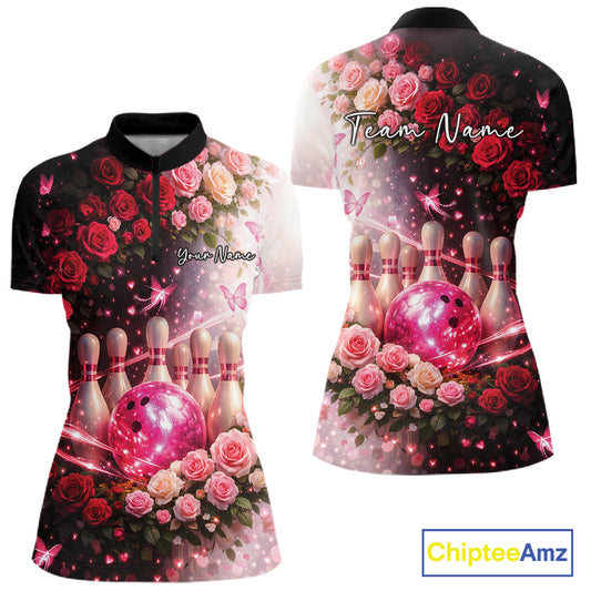 Custom Dreamy Pink Roses And Butterfly Women Bowling Quarter-Zip Shirt, Ladies Outfit IPHW10896