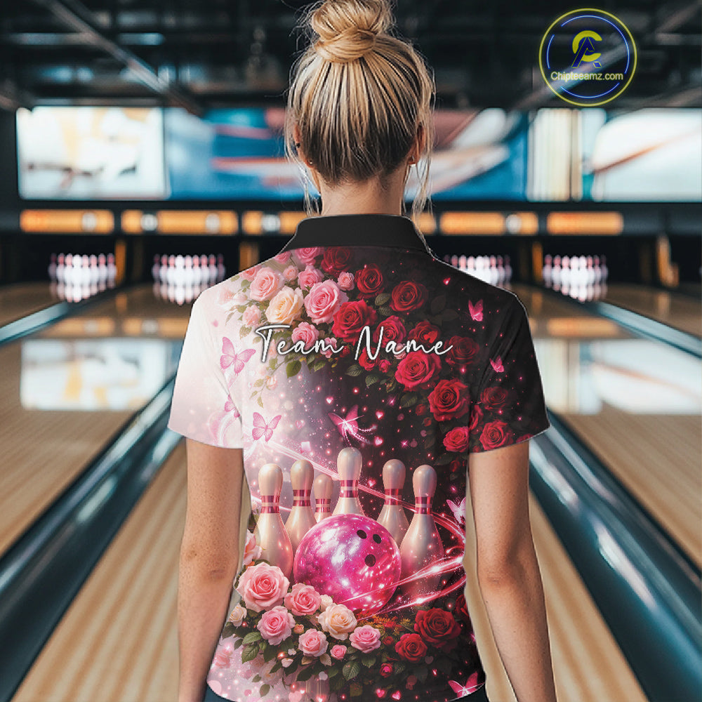 Custom Dreamy Pink Roses And Butterfly Women Bowling Quarter-Zip Shirt, Ladies Outfit IPHW10896