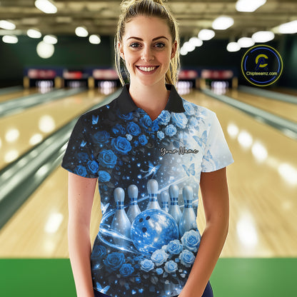 Custom Dreamy Blue Roses And Butterfly Women Bowling Polo Shirt, Ladies Bowling Shirt IPHW10897