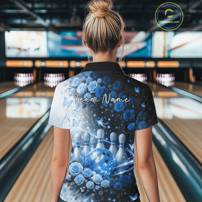Custom Dreamy Blue Roses And Butterfly Women Bowling Polo Shirt, Ladies Bowling Shirt IPHW10897