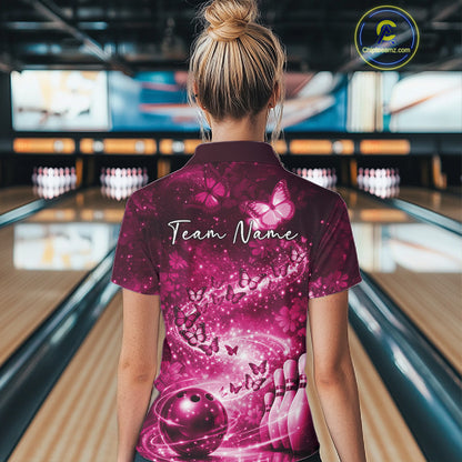 Custom Elegant Pink Butterfly Women Bowling Shirt, Ladies Bowling Team Outfit IPHW10909