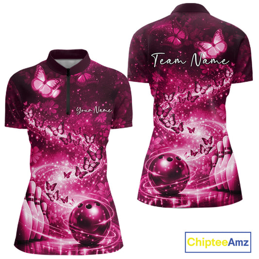 Custom Elegant Pink Butterfly Women Bowling Shirt, Ladies Bowling Team Outfit IPHW10909