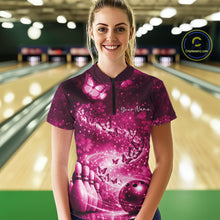 Load image into Gallery viewer, Custom Elegant Pink Butterfly Women Bowling Shirt, Ladies Bowling Team Outfit IPHW10909