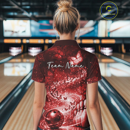 Custom Elegant Red Butterfly Women Bowling Shirt, Ladies Bowling Team Outfit IPHW10911