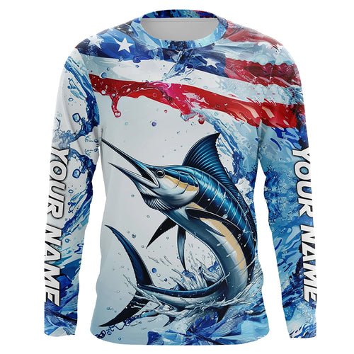 Personalized American Flag Marlin Fishing Shirts, Patriotic Marlin Long Sleeve Fishing Shirt IPHW6323