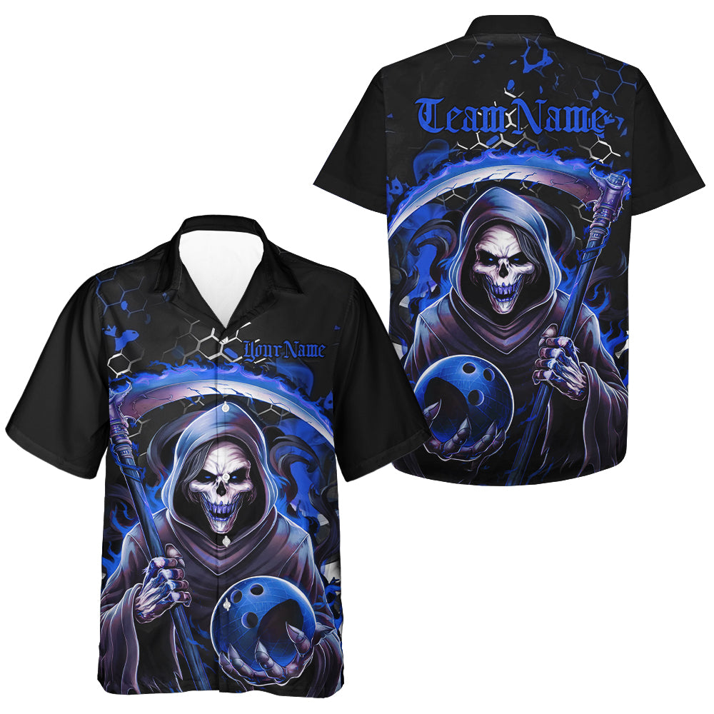Custom Blue Flame Grim Reaper Bowling Men And Women Hawaiian Shirts, Halloween Bowler Outfit IPHW6782