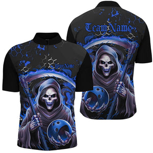 Blue And Black Custom Grim Reaper Bowling Quarter Zip Shirts For Men, Halloween Skull Bowling Shirt IPHW6782