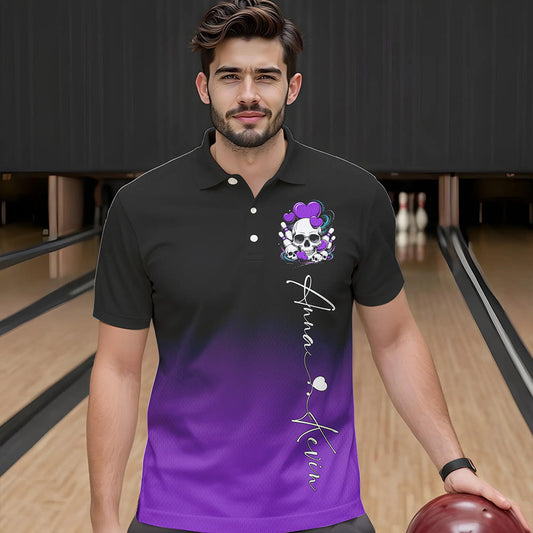 Custom Black And Purple Skull Valentines Day Couple Bowling Polo Shirts For Men IPHW8342