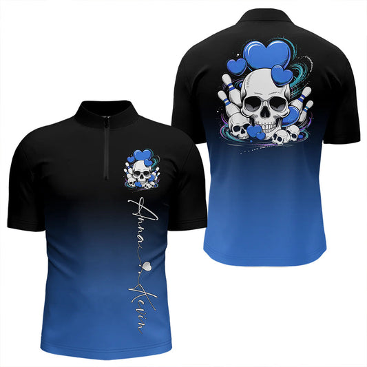 Custom Black And Blue Skull Valentines Day Couple Bowling Quarter-Zip Shirts For Men IPHW8343