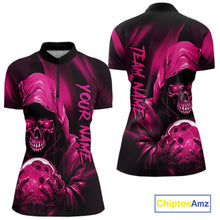 Load image into Gallery viewer, Pink Bowling Grim Reaper Custom Women Bowling Quarter-Zip Shirt Skull Bowling Jersey IPHW10697