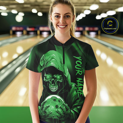 Green Bowling Grim Reaper Custom Women Bowling Quarter-Zip Shirts Skull Bowling Jerseys IPHW10698