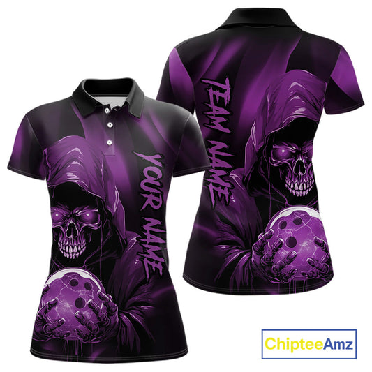 Purple Bowling Grim Reaper Custom Women Bowling Polo Shirts Skull Bowling Team Jerseys IPHW10699