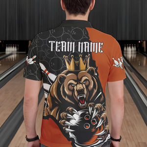 Black And Orange Custom Bear Bowling King Polo Shirts For Men, Bear Bowling Team Uniform IPHW8837