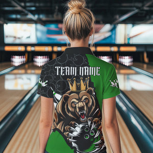 Black And Green Custom Bear Bowling Queen Polo Shirts For Women, Bear Bowling Team Uniform IPHW8838