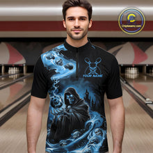 Load image into Gallery viewer, Custom Grim Reaper Bowling Quarter-Zip Shirts For Men, Mid Blue Flame Skull Halloween Design IPHW9083